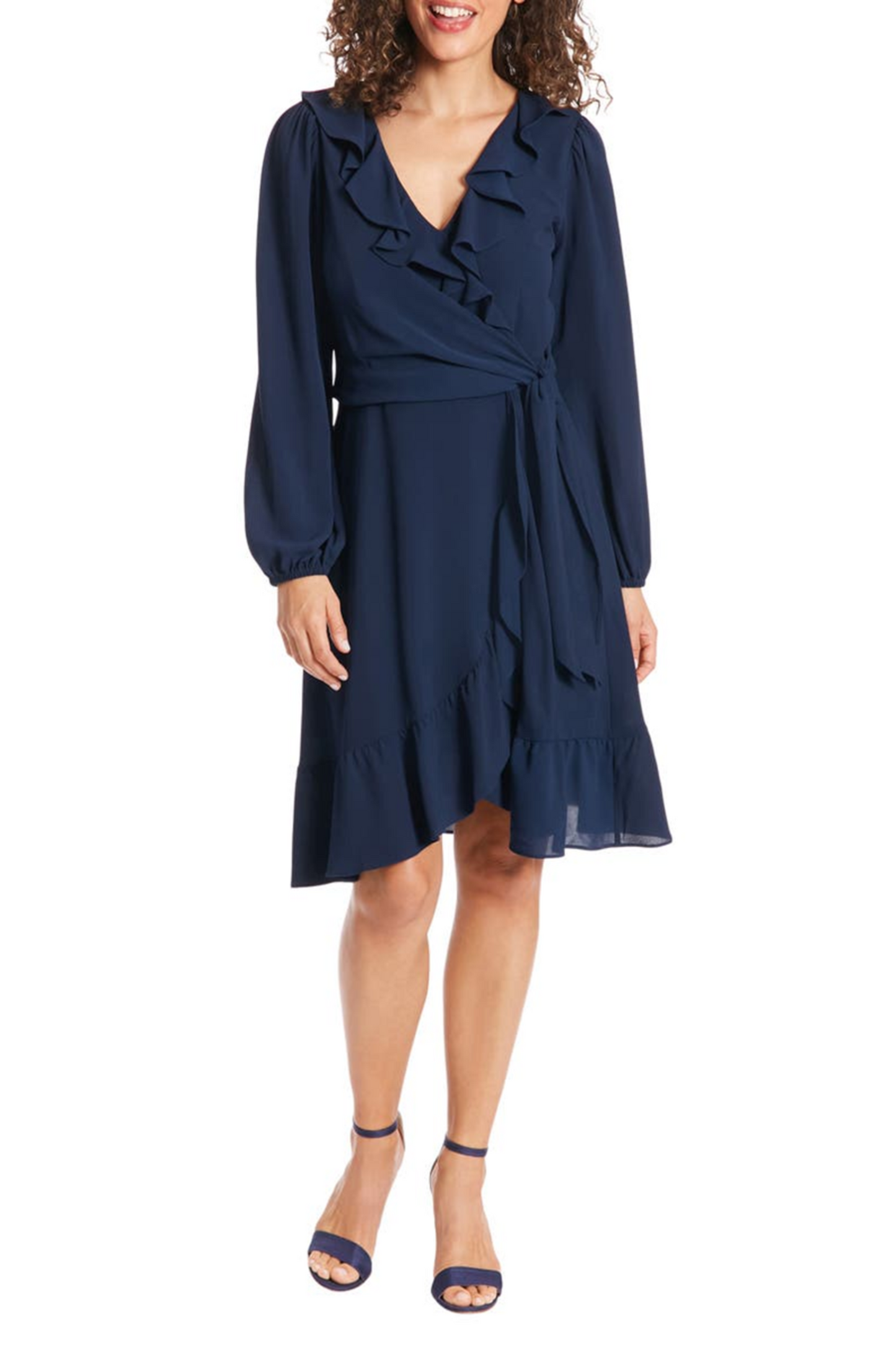 London Times Long Sleeve Tie Waist Ruffle Dress