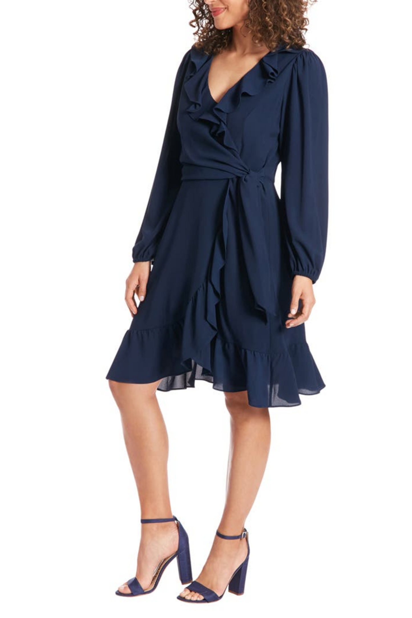 London Times Long Sleeve Tie Waist Ruffle Dress