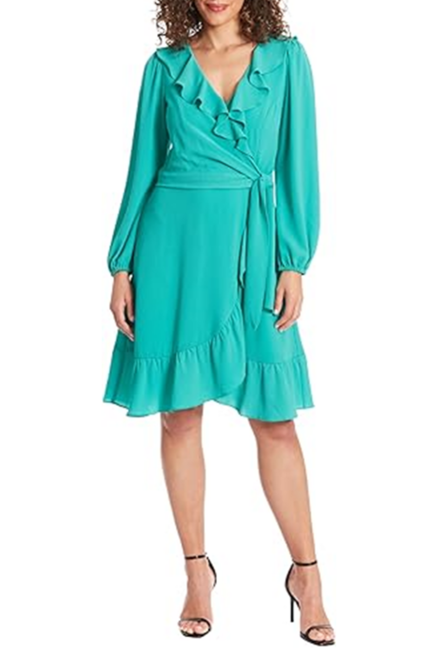London Times Long Sleeve Tie Waist Ruffle Dress