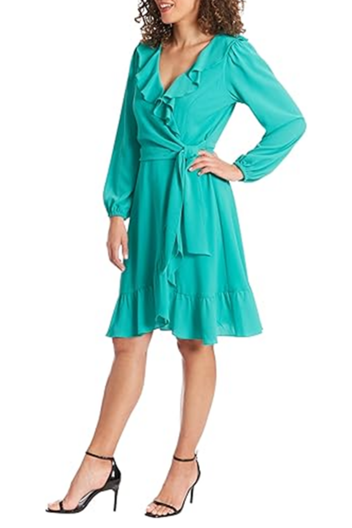 London Times Long Sleeve Tie Waist Ruffle Dress