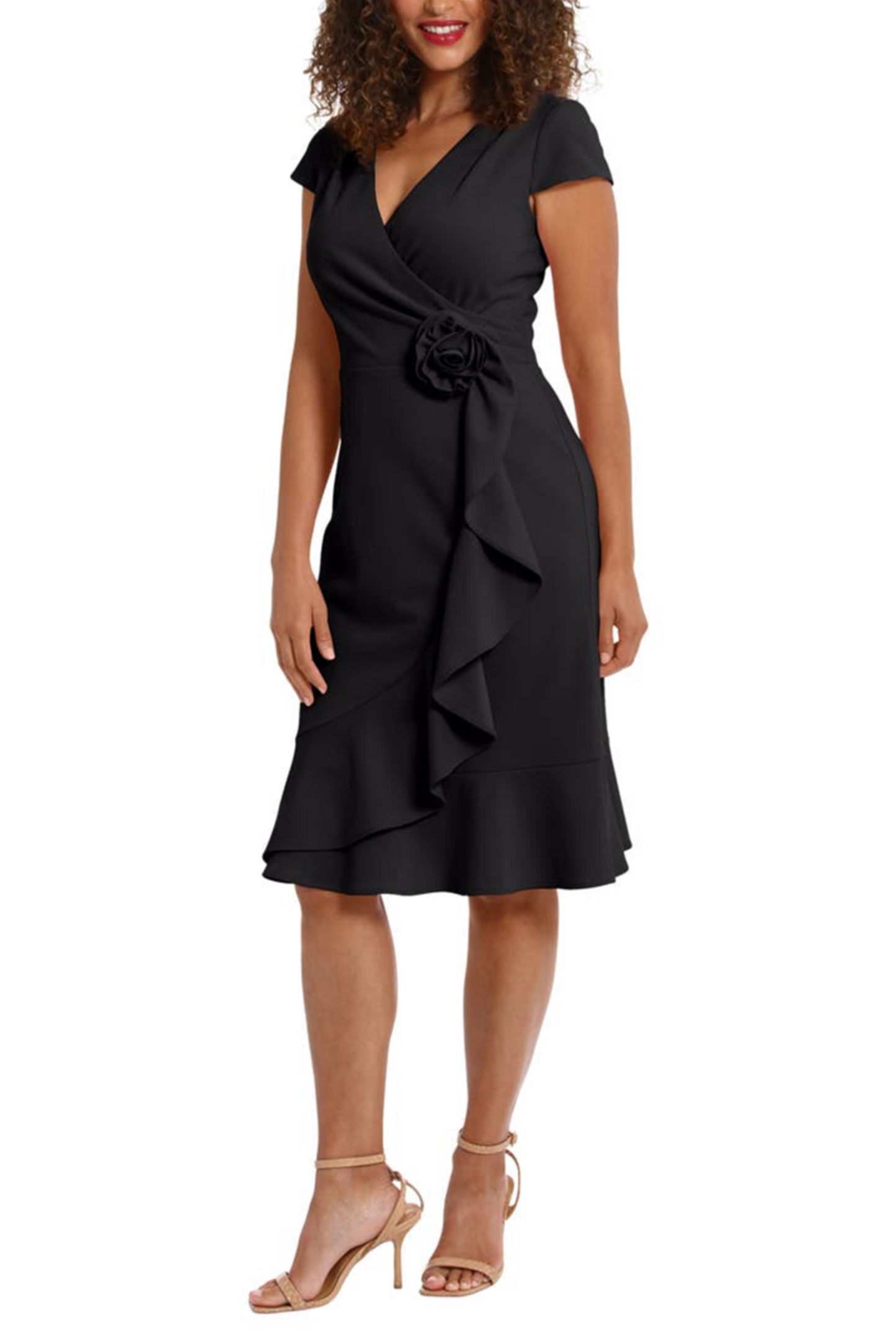 London Times Rosette Ruffled Skirt Faux Wrap Dress