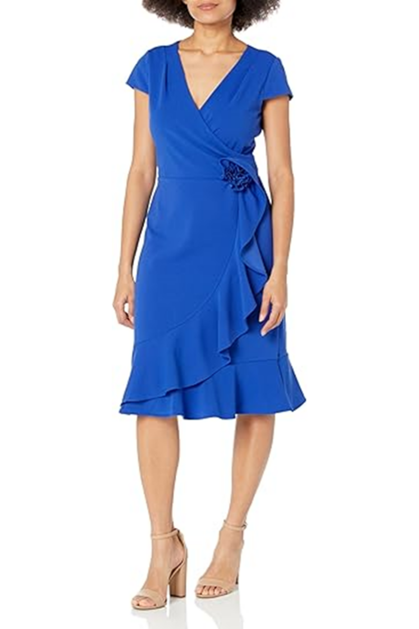London Times Rosette Ruffled Skirt Faux Wrap Dress