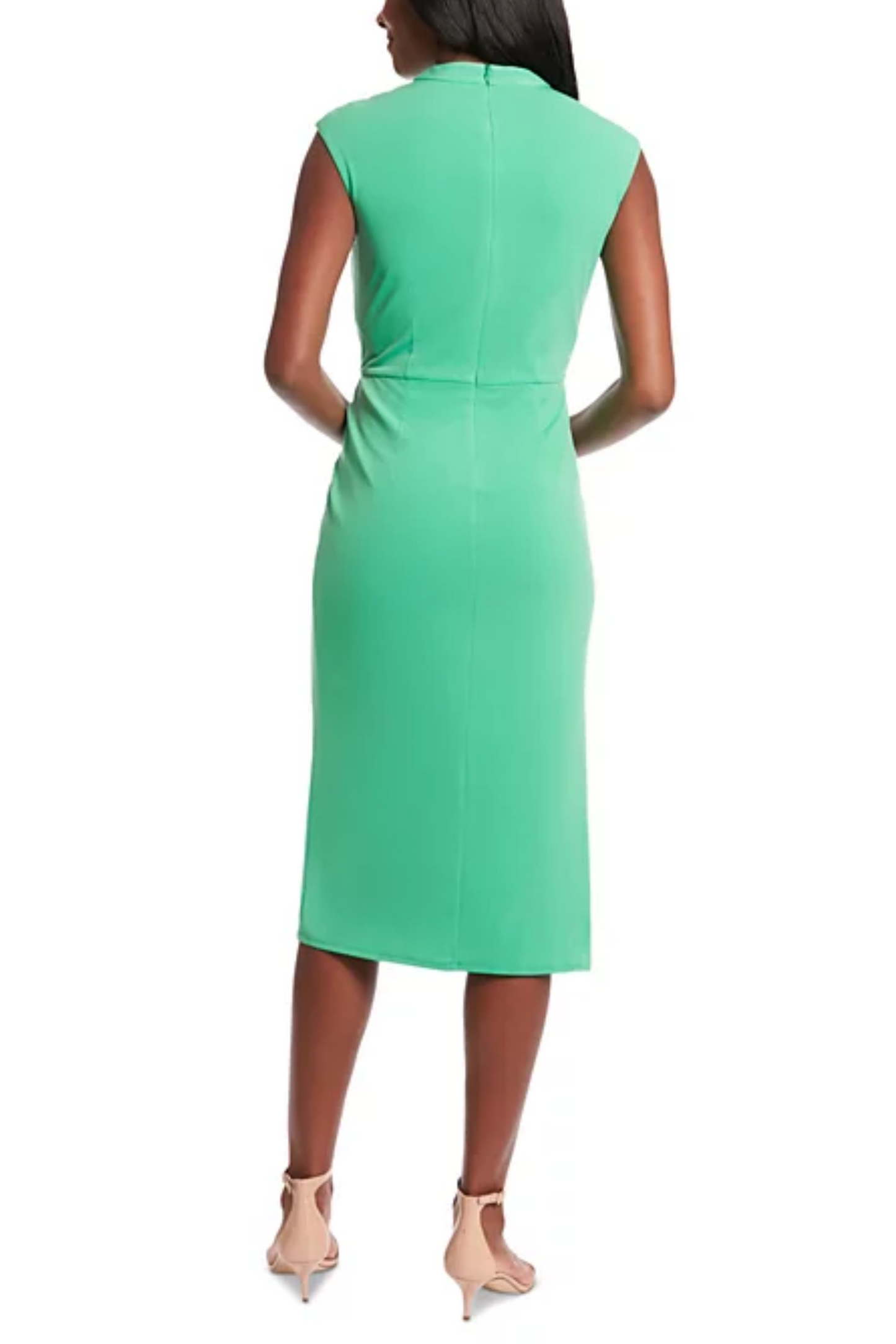 London Times Cap Sleeve Ruched Mock Neck Dress