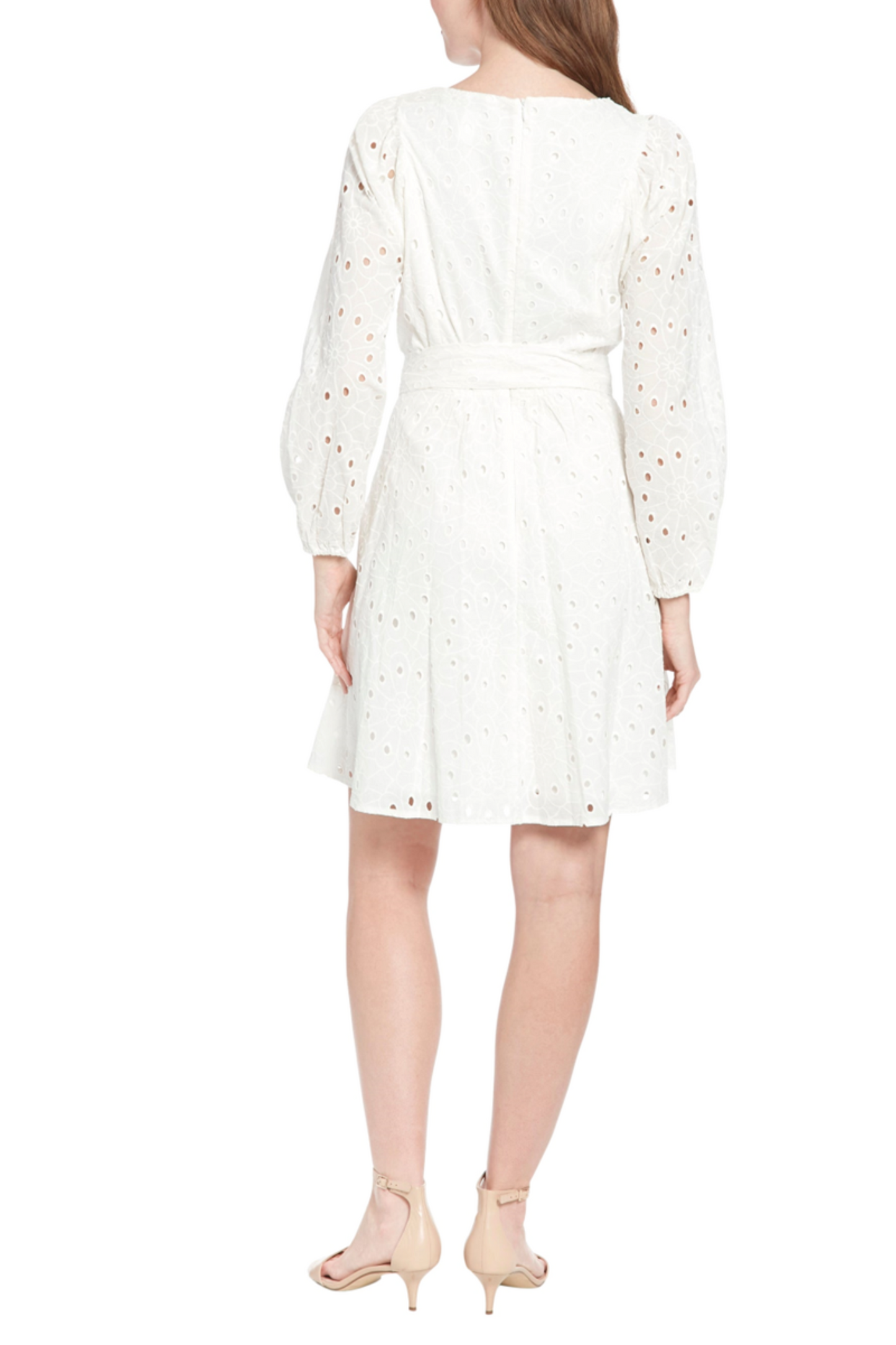 London Times Long Sleeve Belted Eyelet Dress