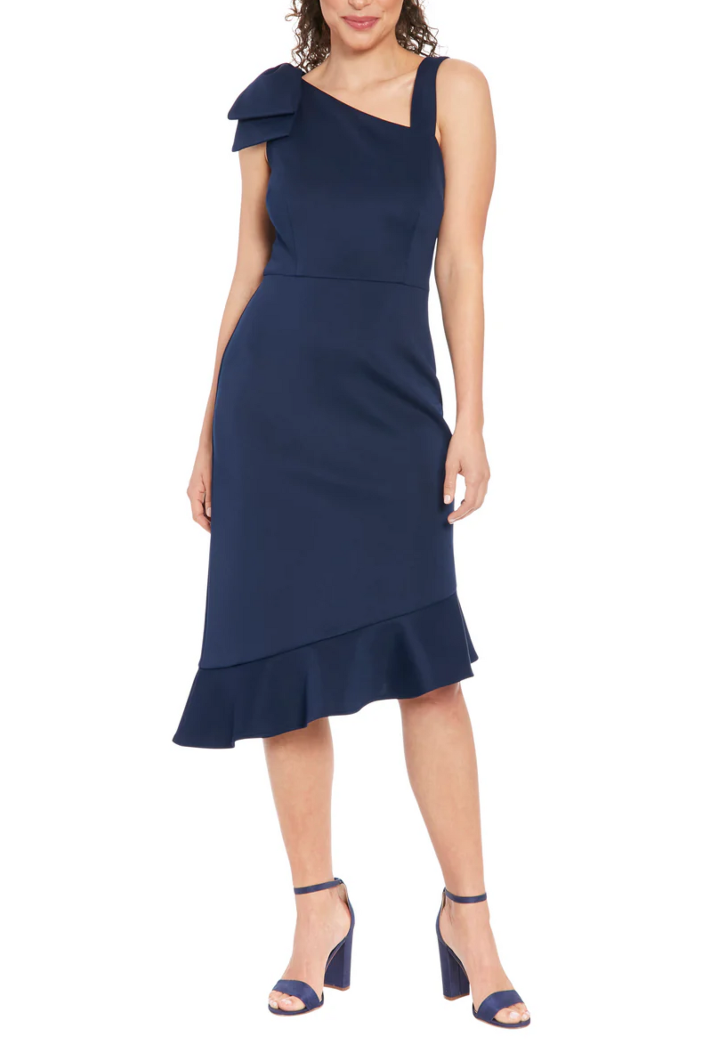London Times Shoulder Bow Oblique Cocktail Dress