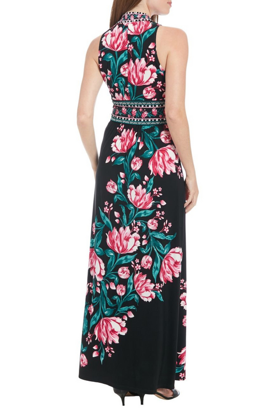 London Times Black Pink Flower Print Maxi Dress
