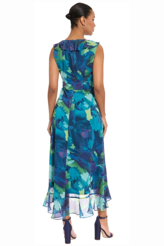 London Times Flower Print Faux Wrap Midi Dress