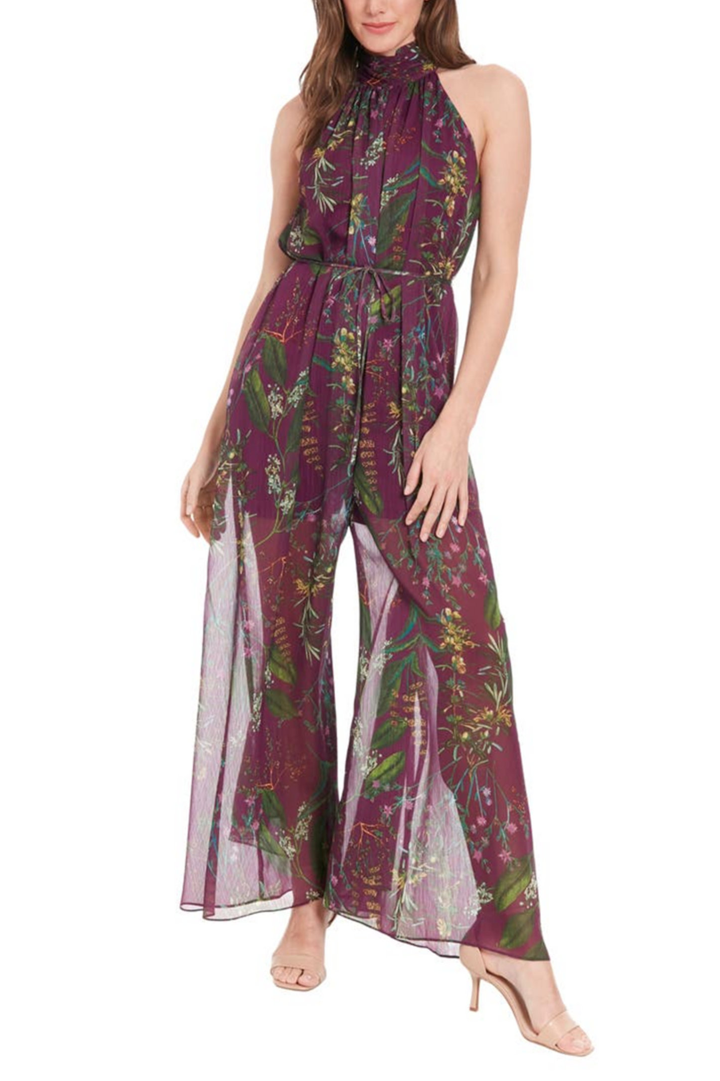 London Times Floral Wide Leg Halter Neck Jumpsuit