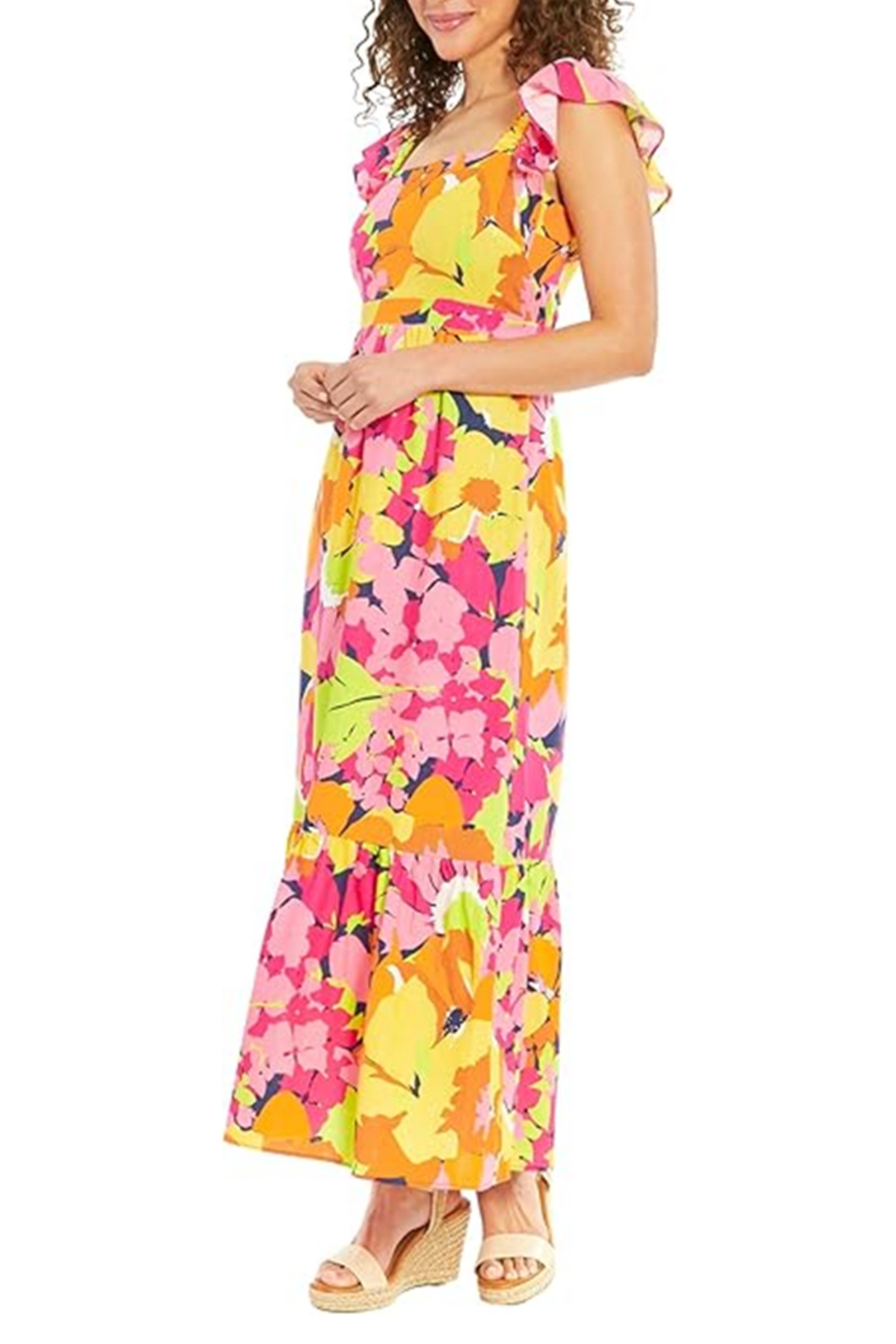 London Times Floral Flutter Sleeve Maxi Dress