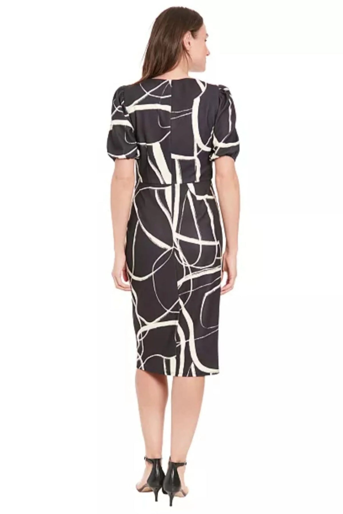 London Times Black and Cream Abstract Print Puff-Sleeve Wrap Dress