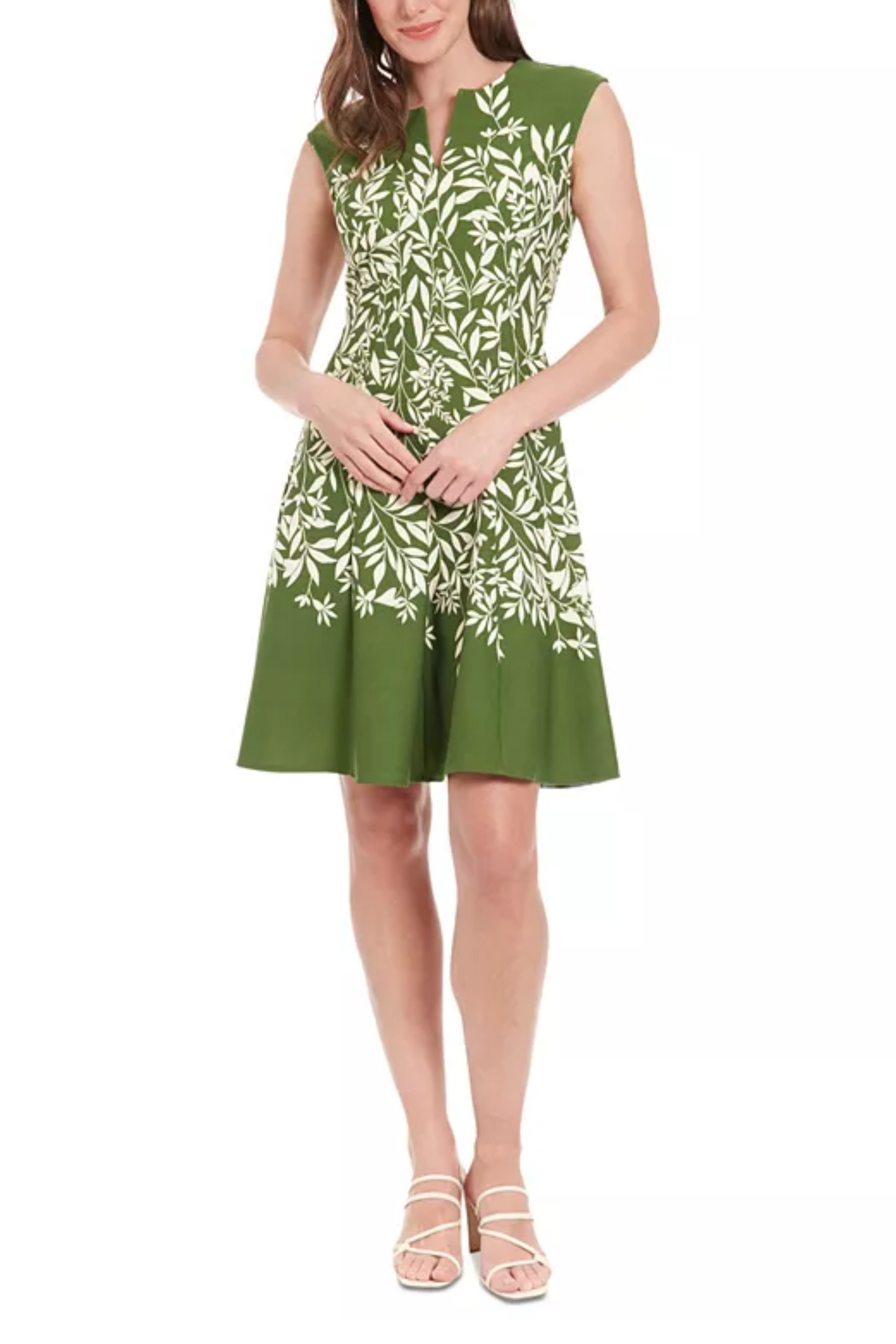 London Times Leaf Print Cap Sleeve A-Line Dress