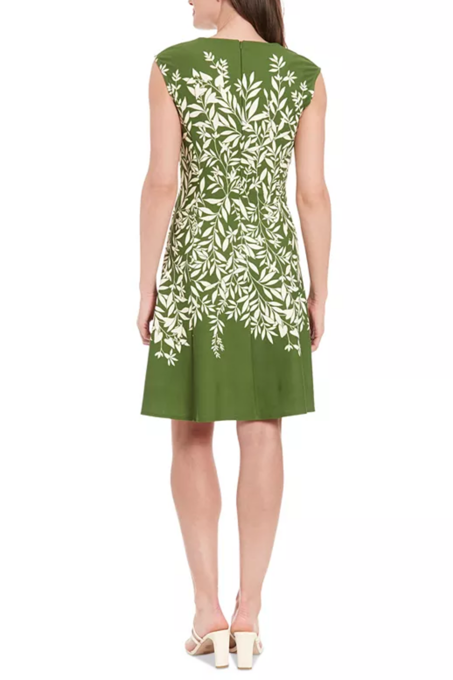 London Times Leaf Print Cap Sleeve A-Line Dress