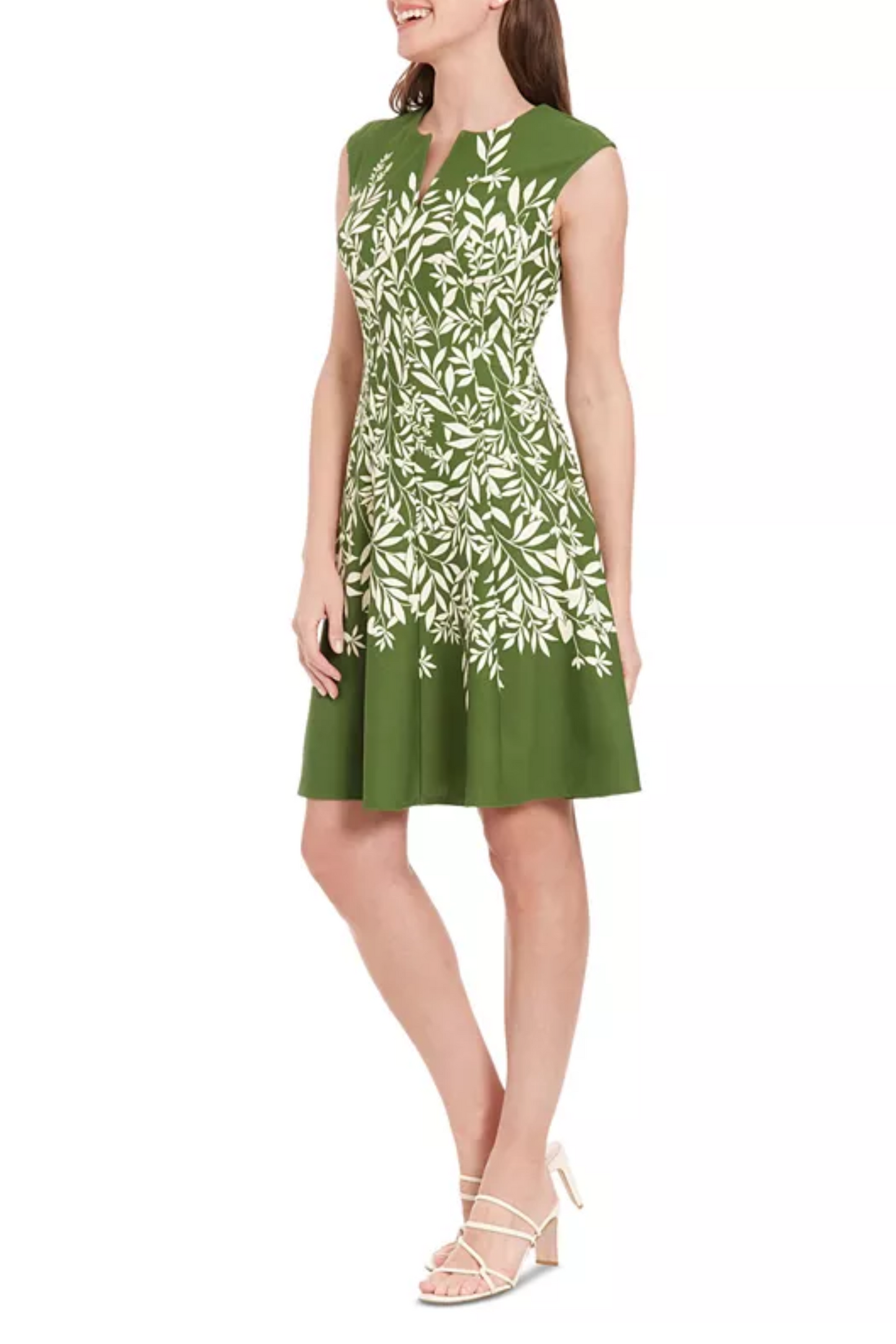 London Times Leaf Print Cap Sleeve A-Line Dress