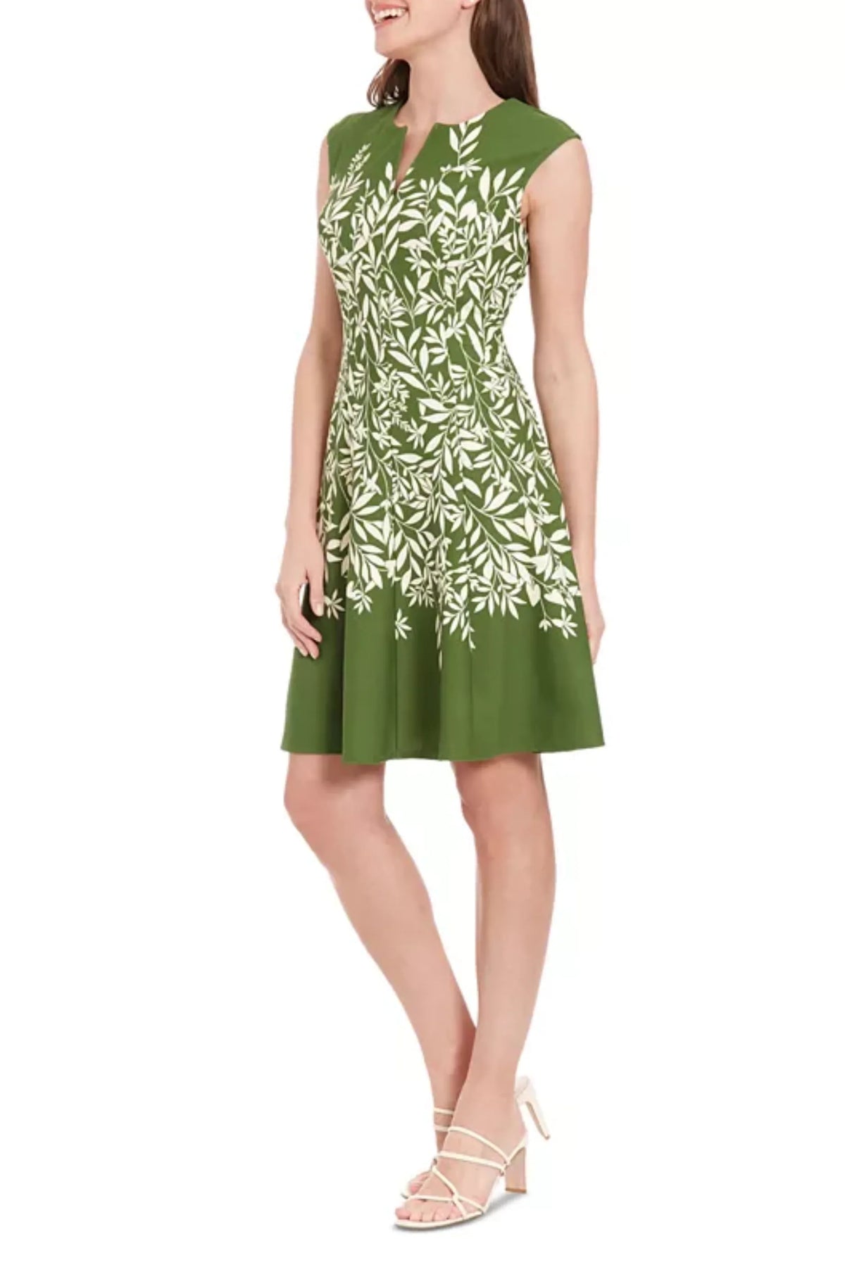 London Times Leaf Print Cap Sleeve A-Line Dress
