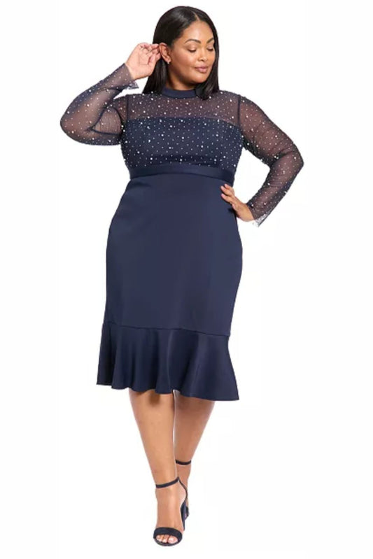 London Times Pearl Illusion Mock Neck Midi Dress