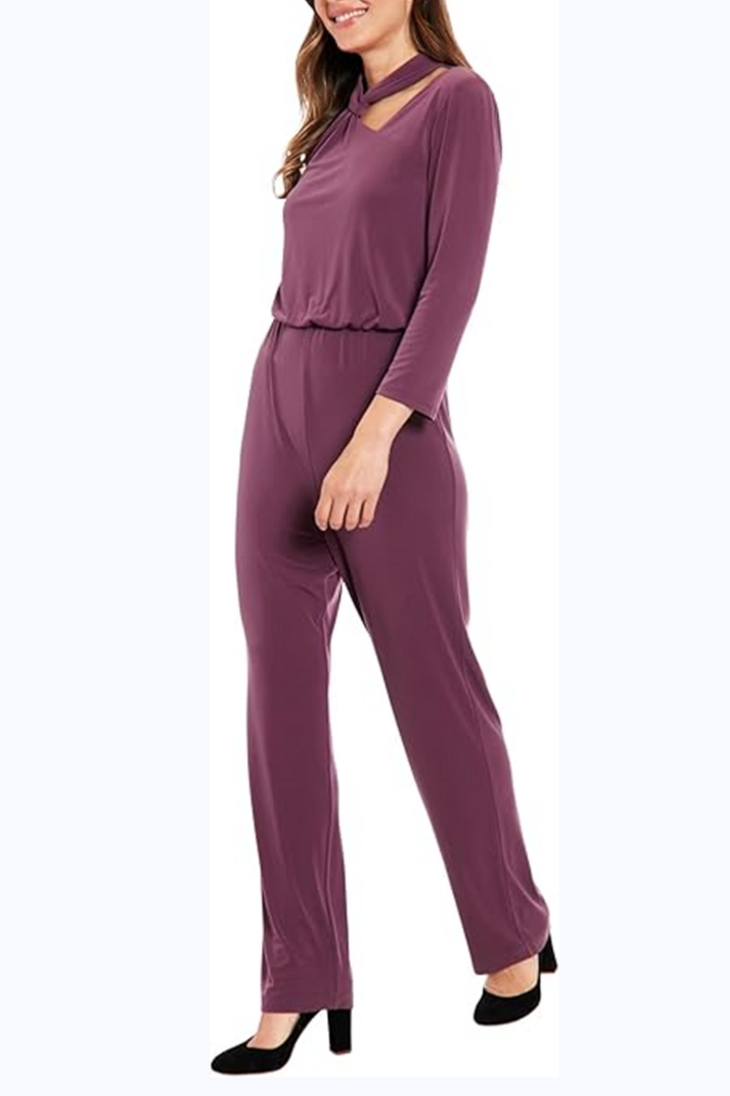 London Times 3/4 Sleeve Cutout Neck Jumpsuit