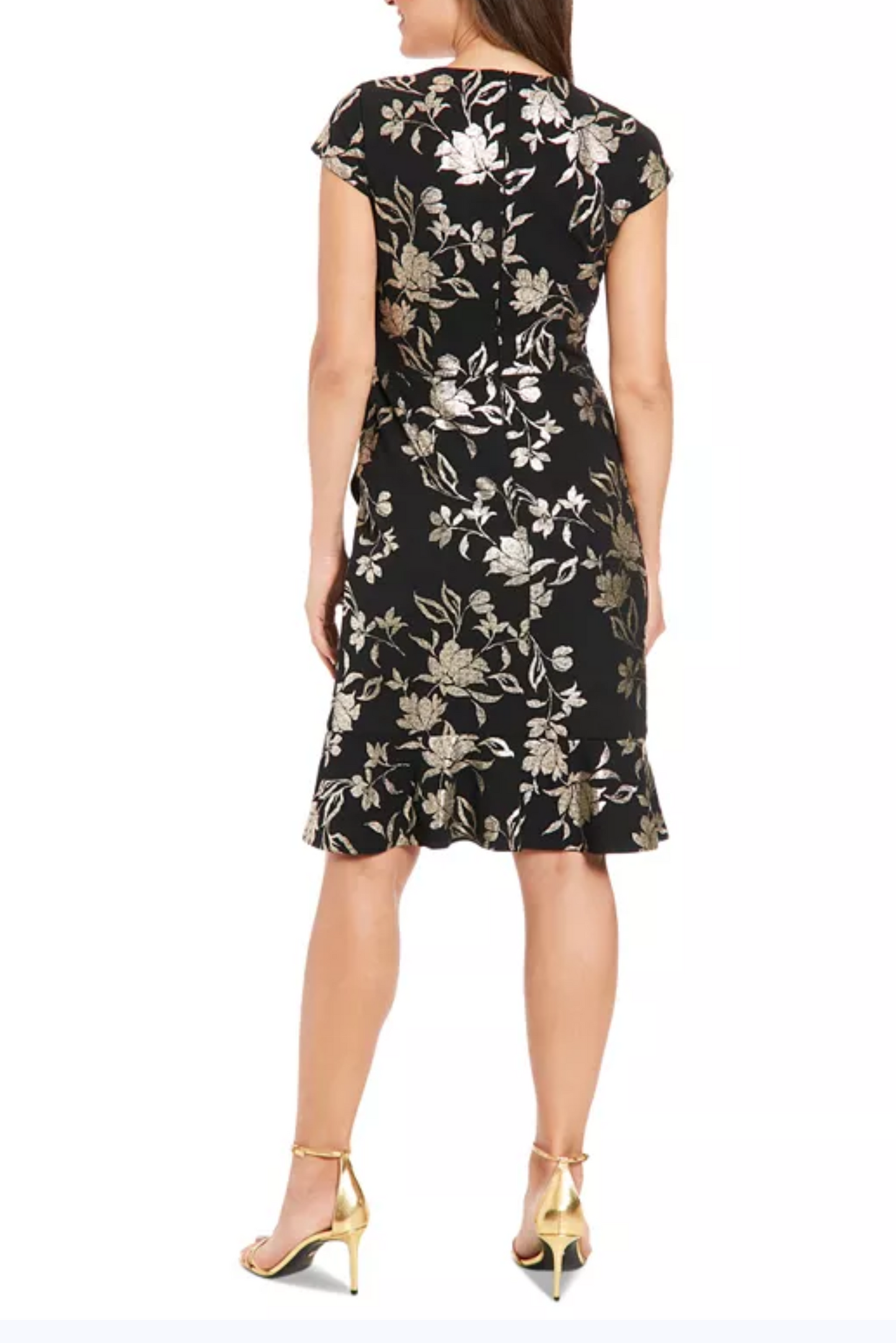 London Times Foil Floral Flounce Faux Wrap Dress