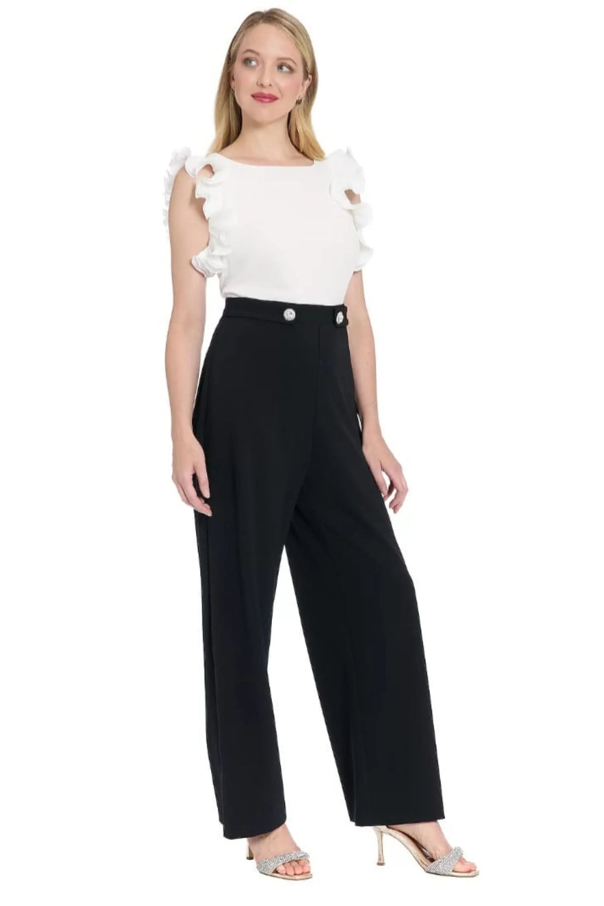 London Times White and Black Ruffle Wide-Leg Jumpsuit