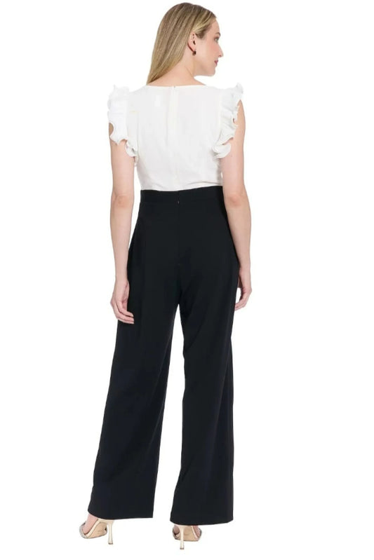 London Times White and Black Ruffle Wide-Leg Jumpsuit