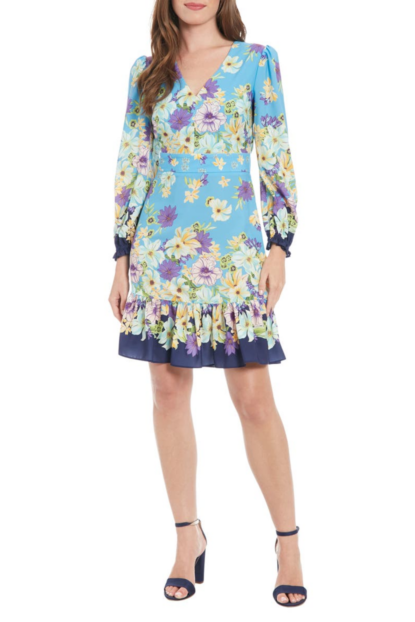 London Times Floral Long Sleeve V-Neck Short Dress
