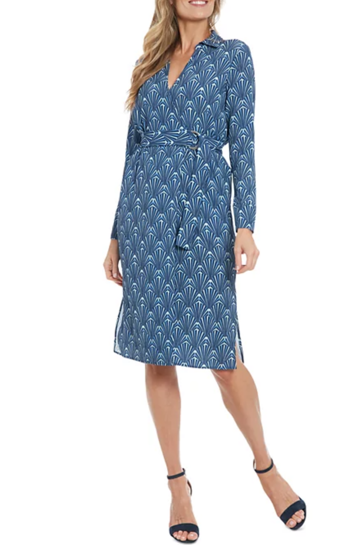 London Times Long Sleeve Geo Print Faux Wrap Dress