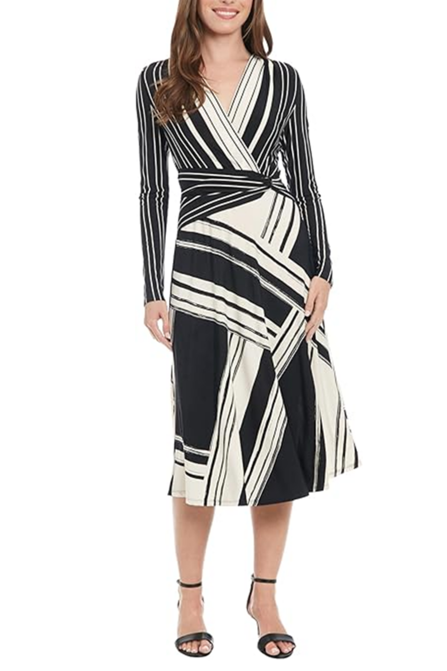 London Times Long Sleeve A-Line Faux Wrap Dress