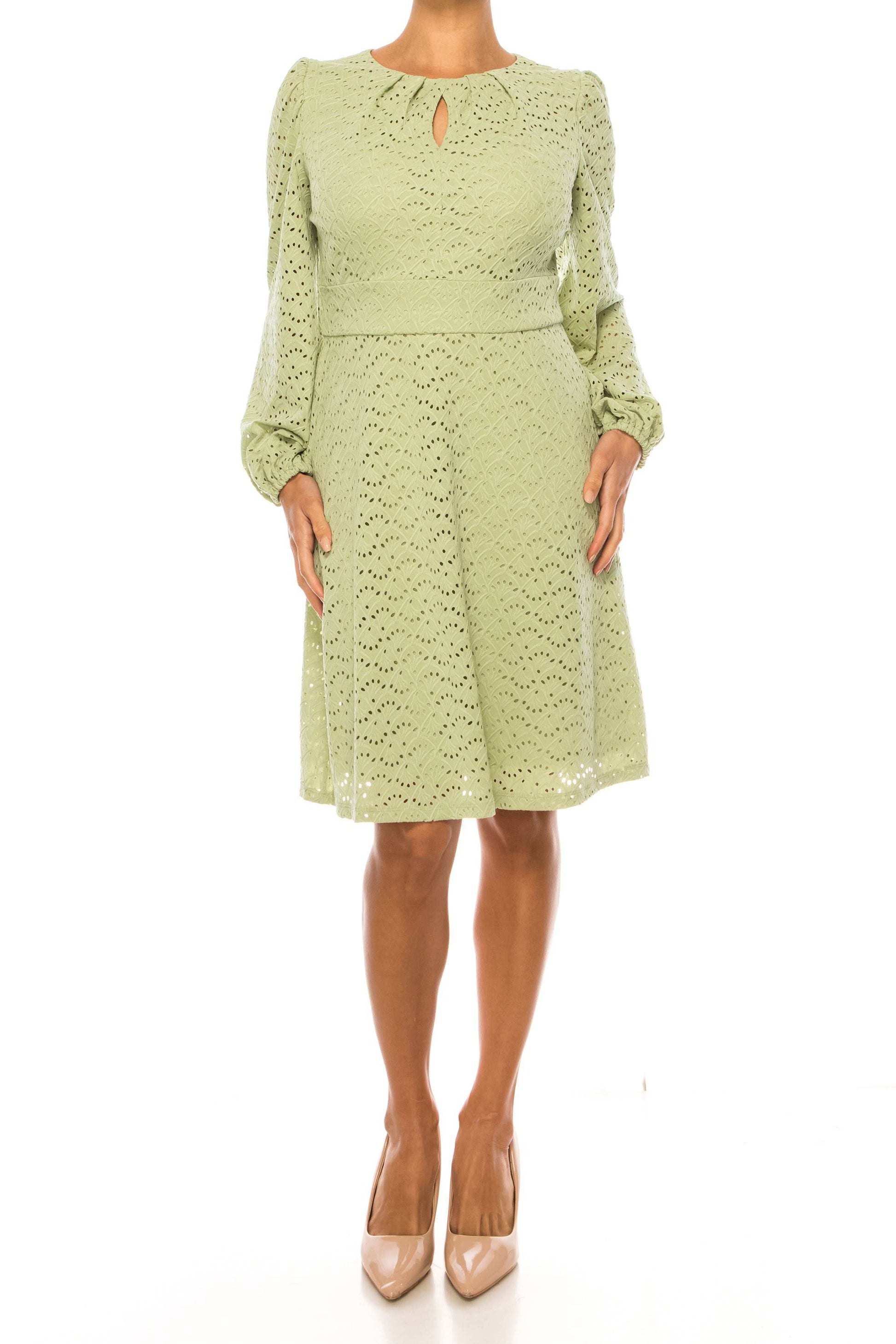 London Times Long Sleeve Keyhole Eyelet Dress