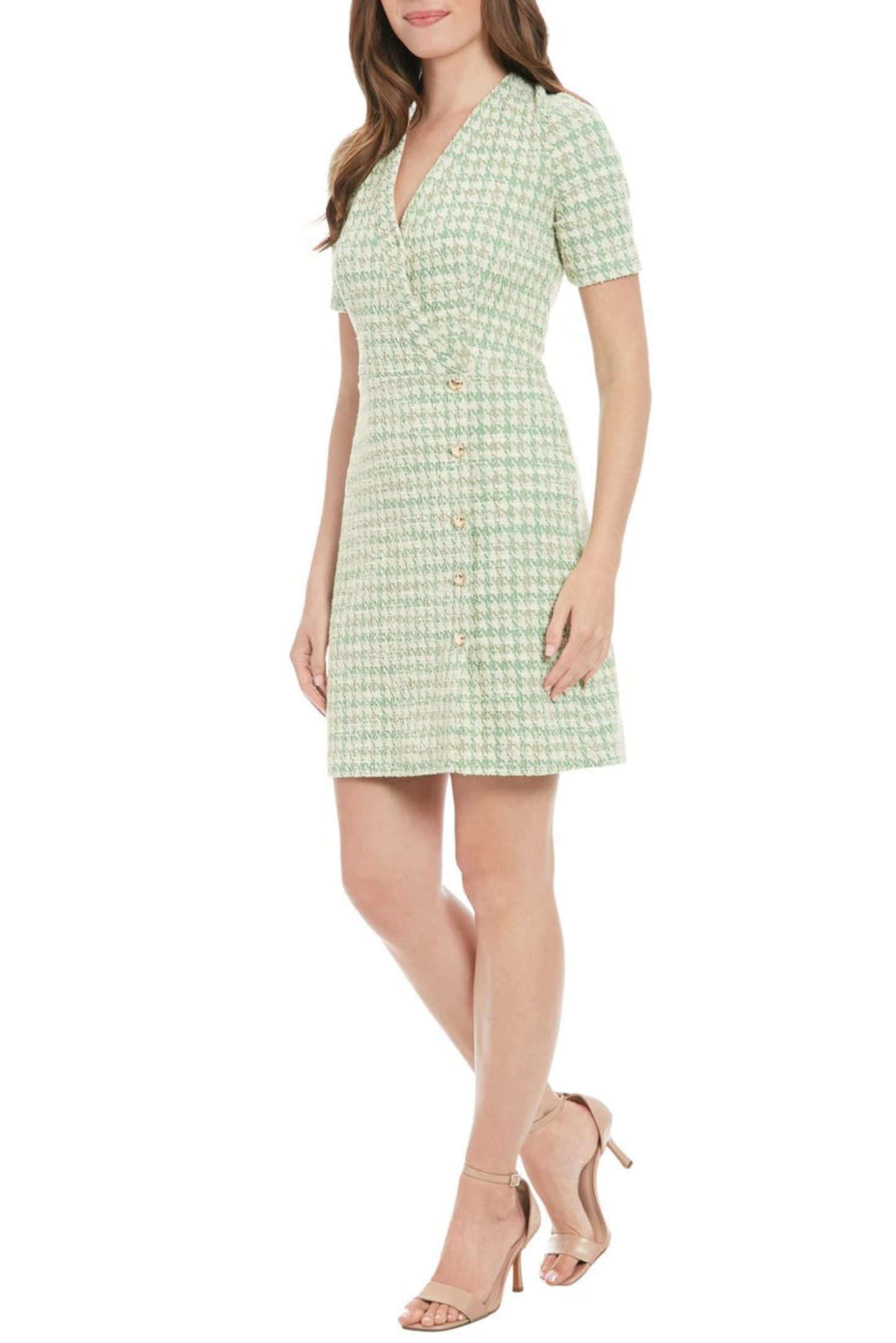London Times Houndstooth Short Faux Wrap Dress