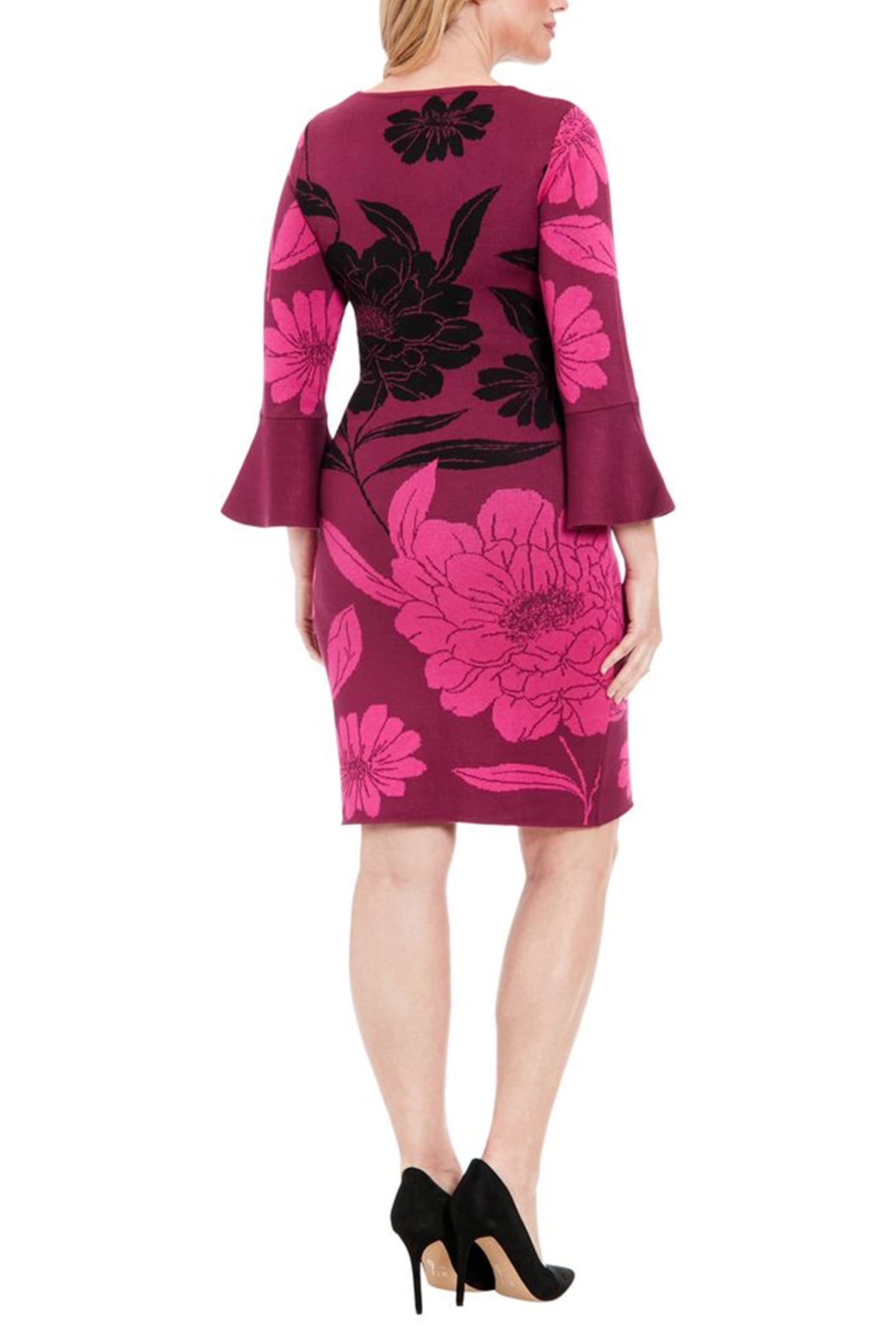 London Times Floral Bell Sleeve Sweater Dress