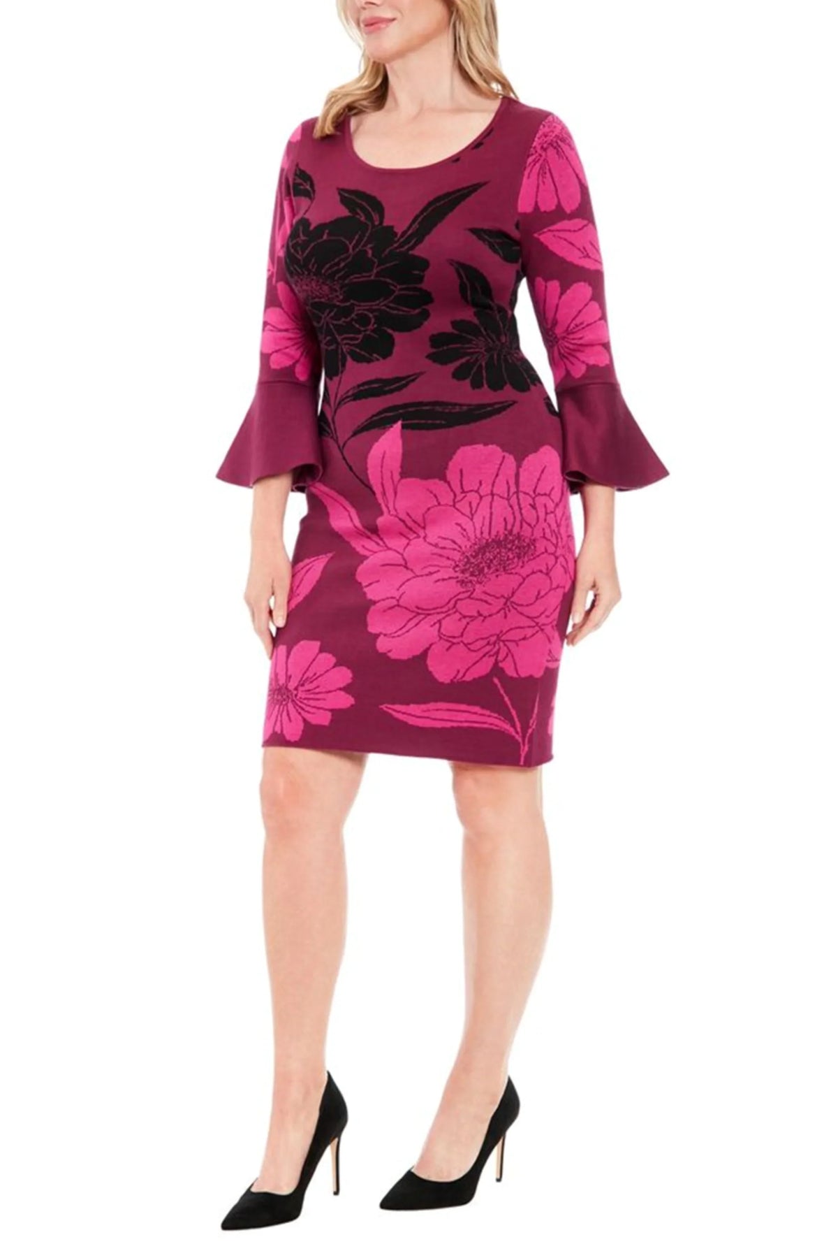 London Times Floral Bell Sleeve Sweater Dress