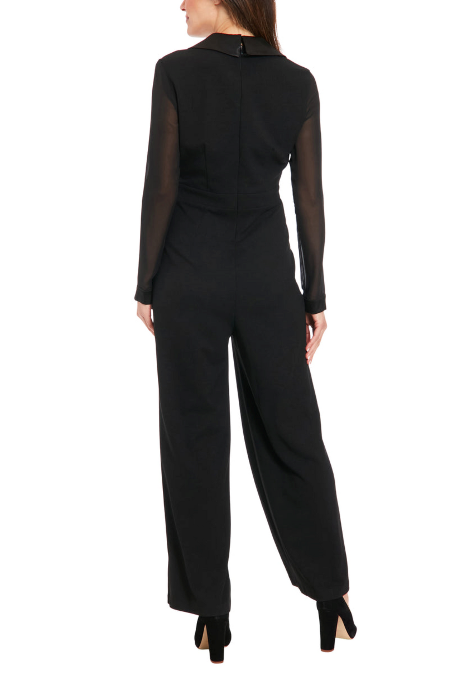 London Times Sheer Sleeve Wide Leg Tuxedo Jumpsuit