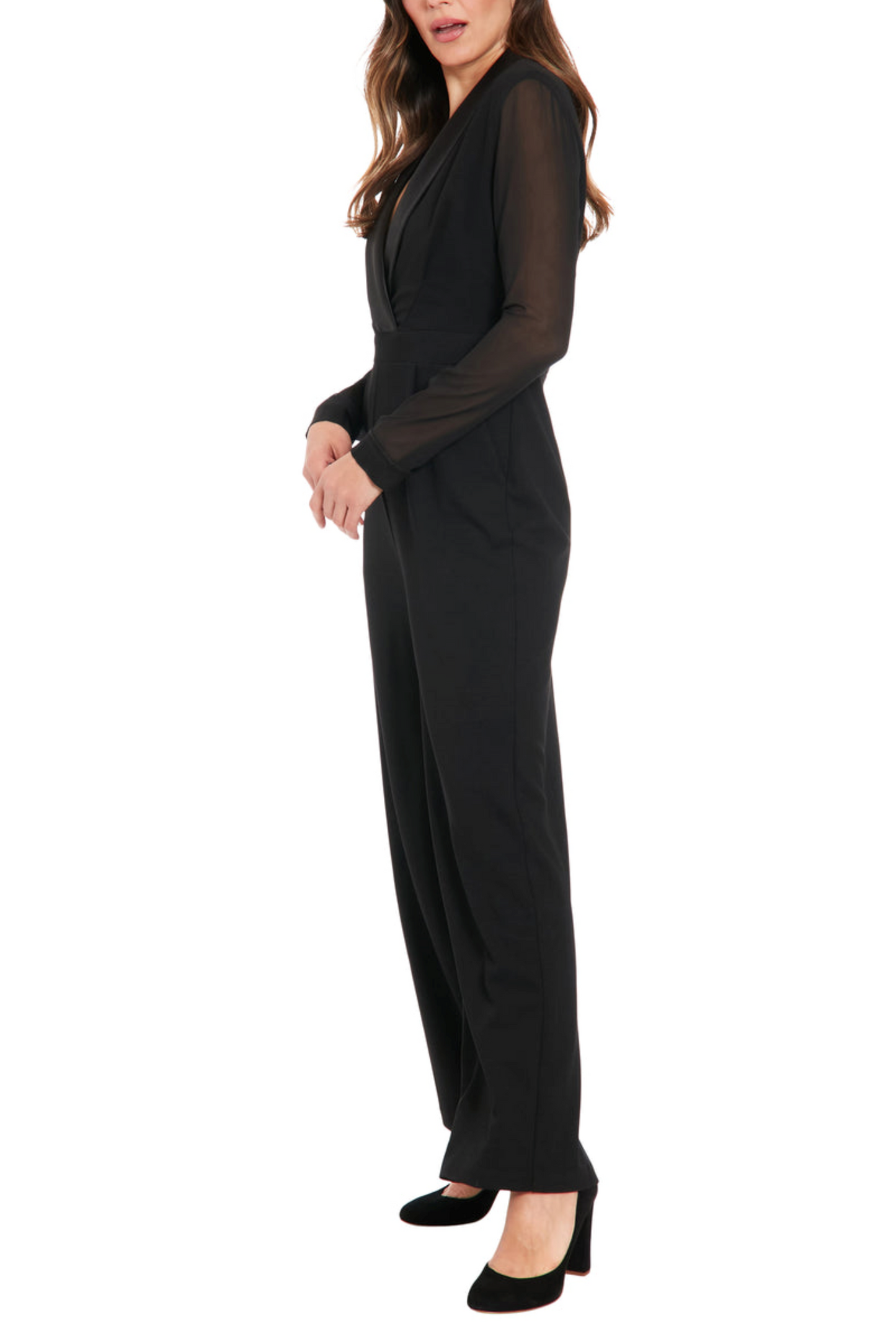 London Times Sheer Sleeve Wide Leg Tuxedo Jumpsuit