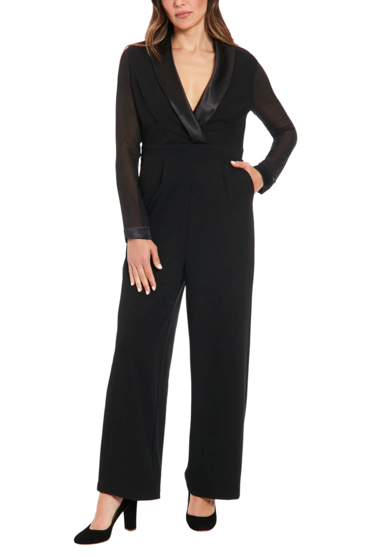 London Times Sheer Sleeve Wide Leg Tuxedo Jumpsuit