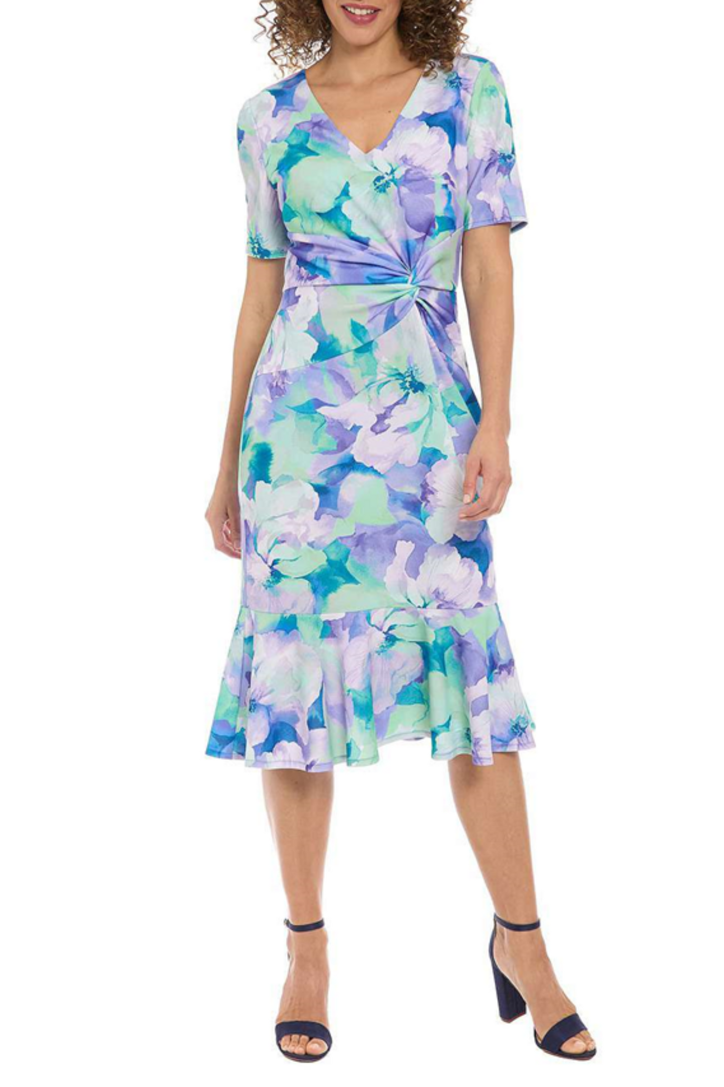 London Times Twisted Waist V-Neck Floral Dress