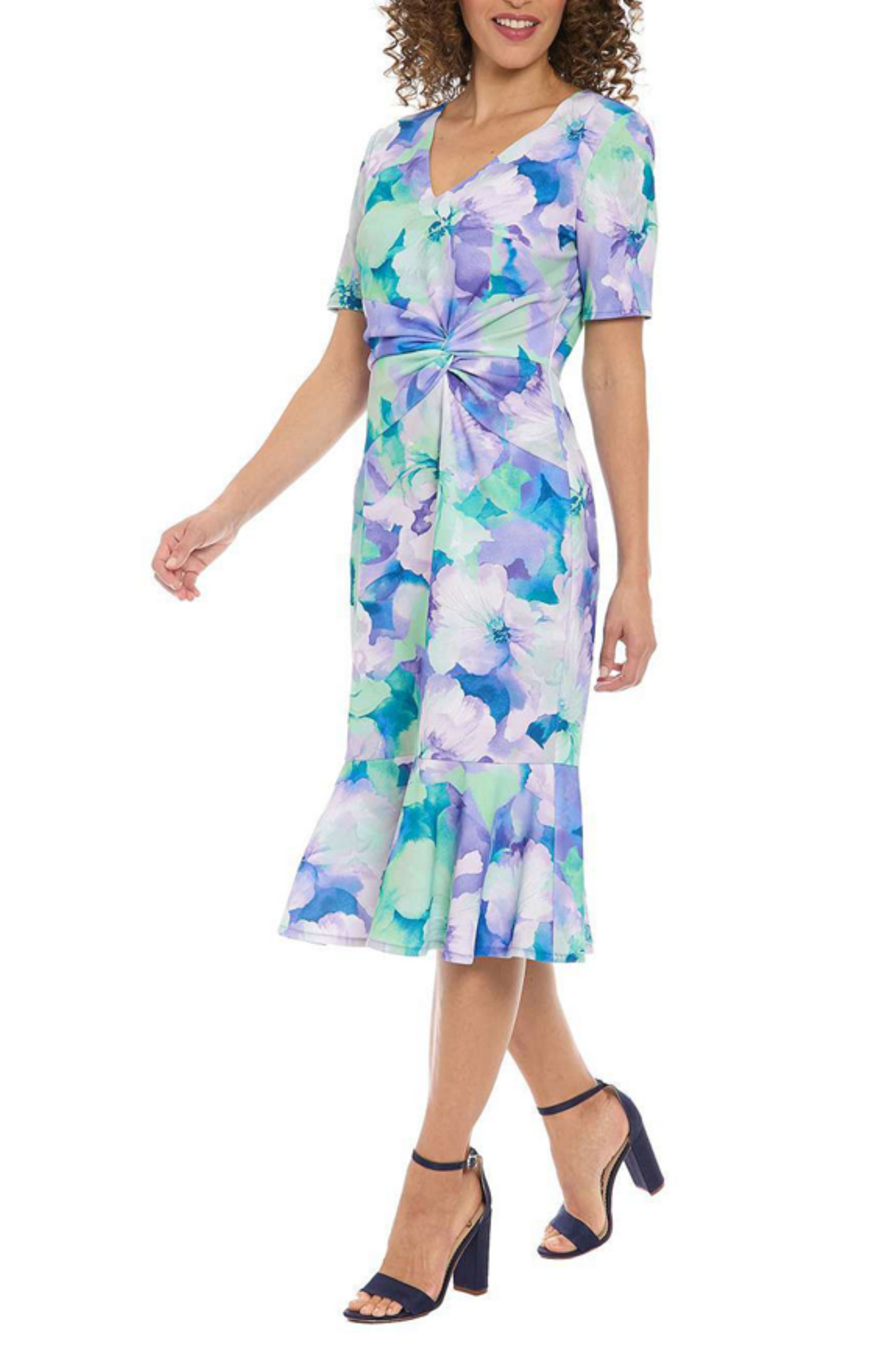 London Times Twisted Waist V-Neck Floral Dress