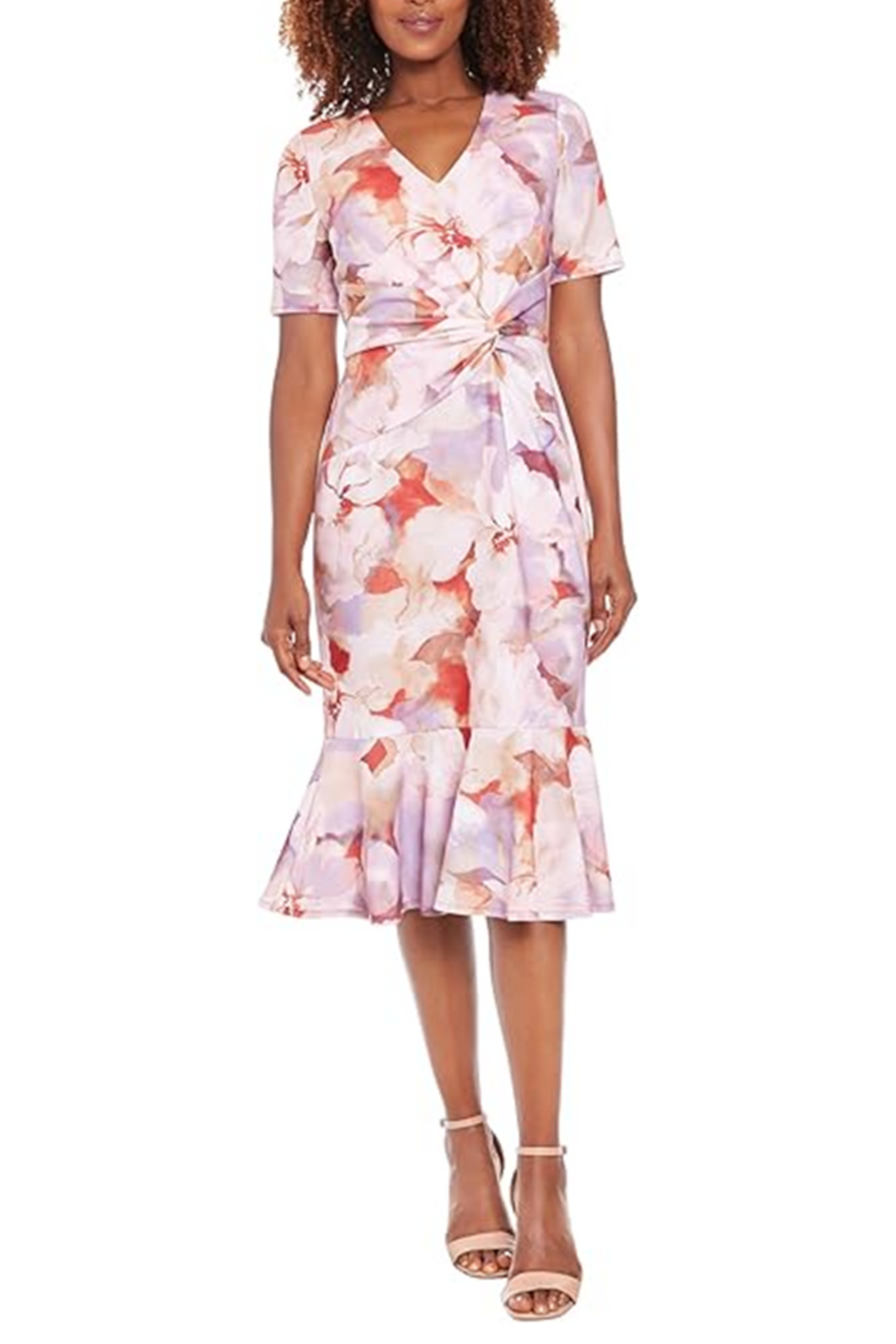 London Times Twisted Waist V-Neck Floral Dress