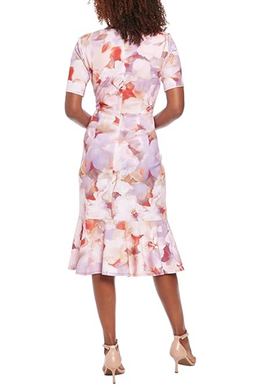 London Times Twisted Waist V-Neck Floral Dress