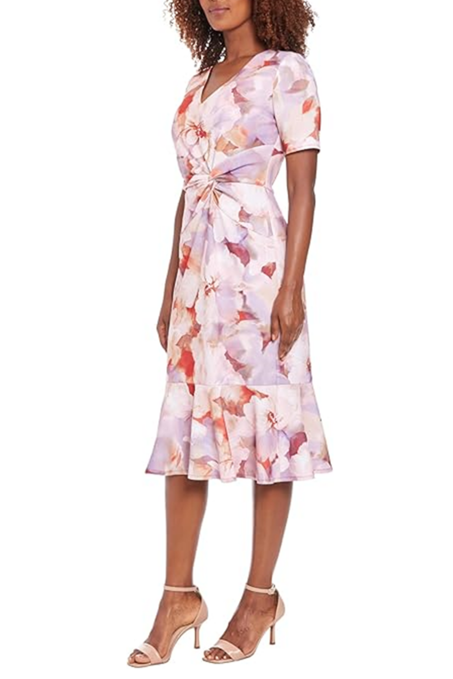 London Times Twisted Waist V-Neck Floral Dress