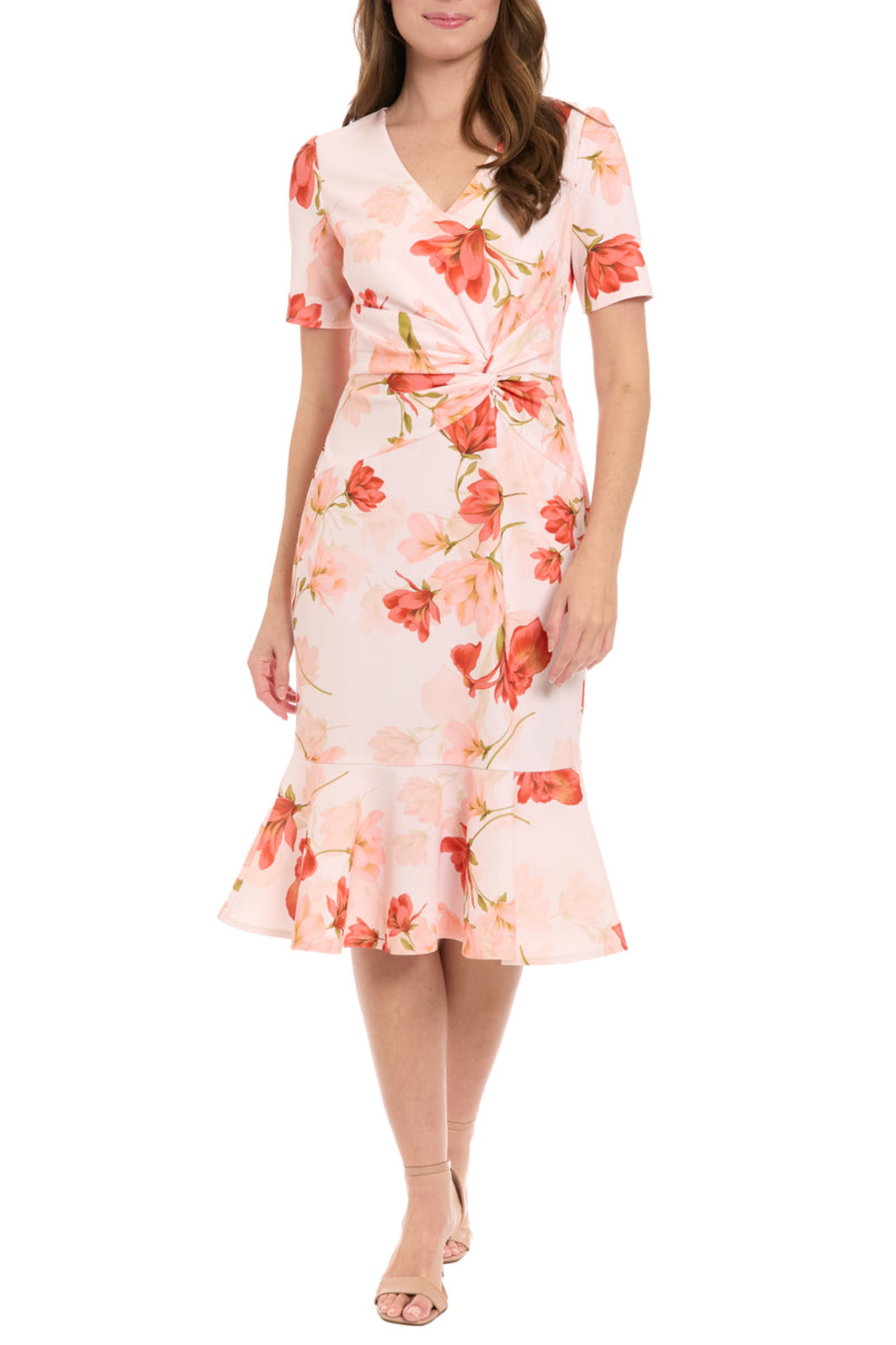 London Times Floral Twisted Waist V-Neck Dress