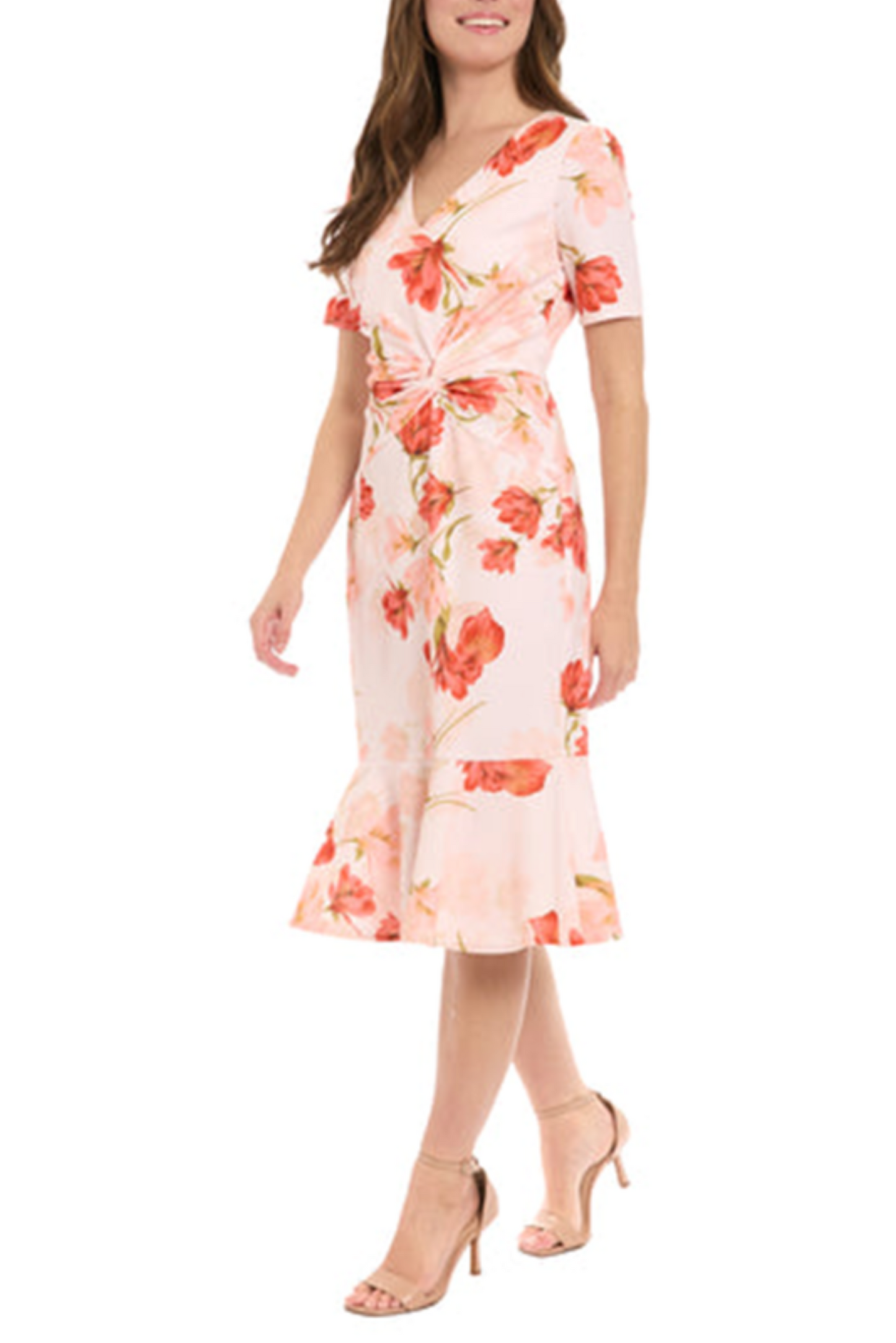 London Times Floral Twisted Waist V-Neck Dress