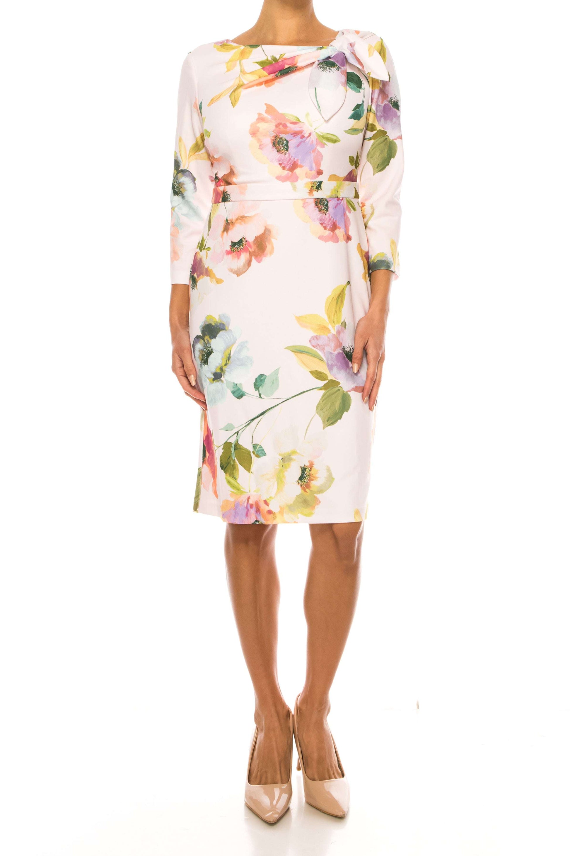 London Times Floral Bow Neck Sheath Dress