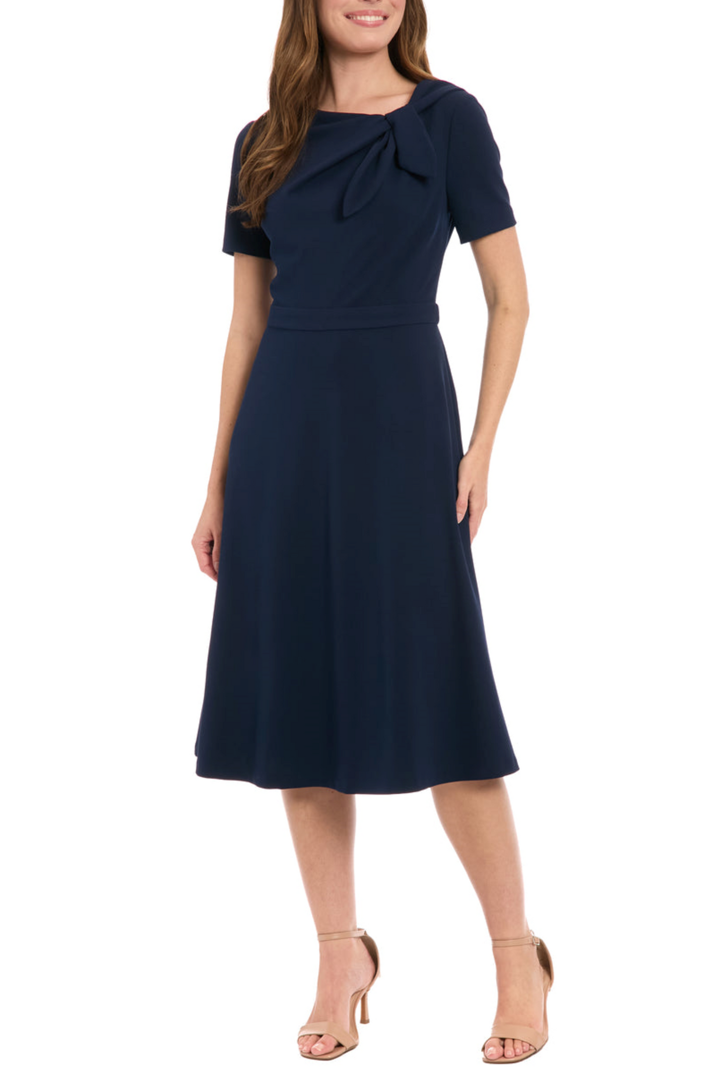 London Times Bow Neck Short Sleeve A-Line Dress