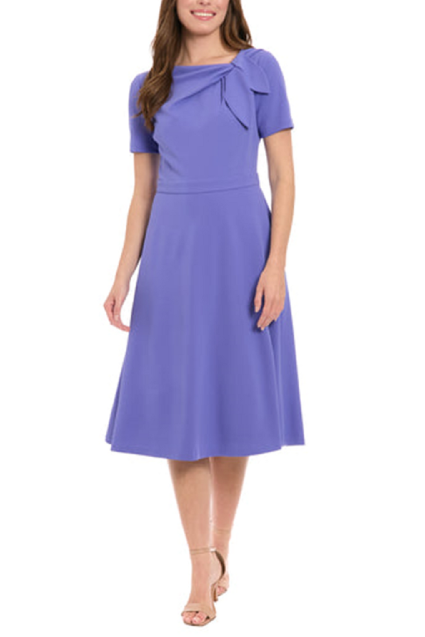 London Times Bow Neck Short Sleeve A-Line Dress