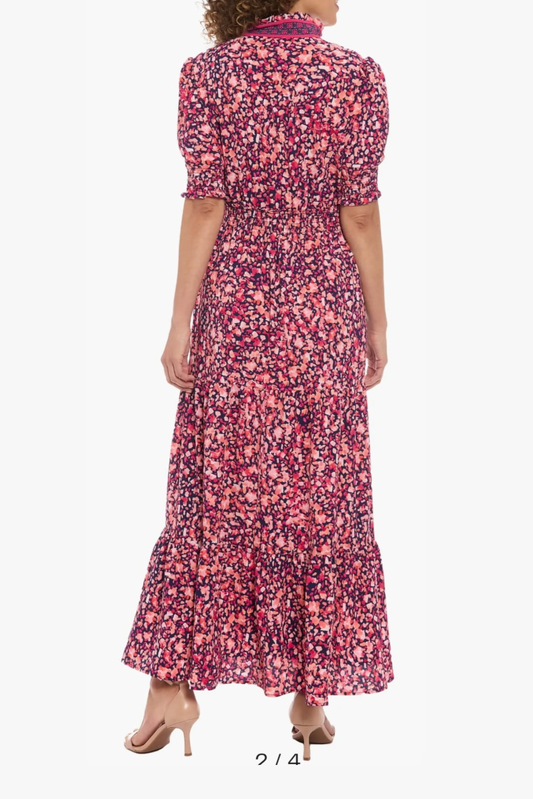 London Times Navy Rose Tiered Floral Maxi Dress