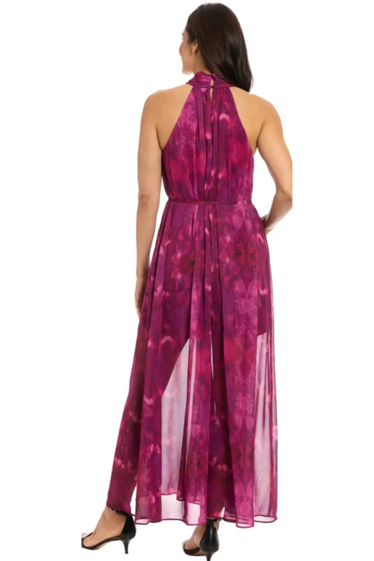 London Times Pink Plum Abstract Floral Chiffon Halter Jumpsuit