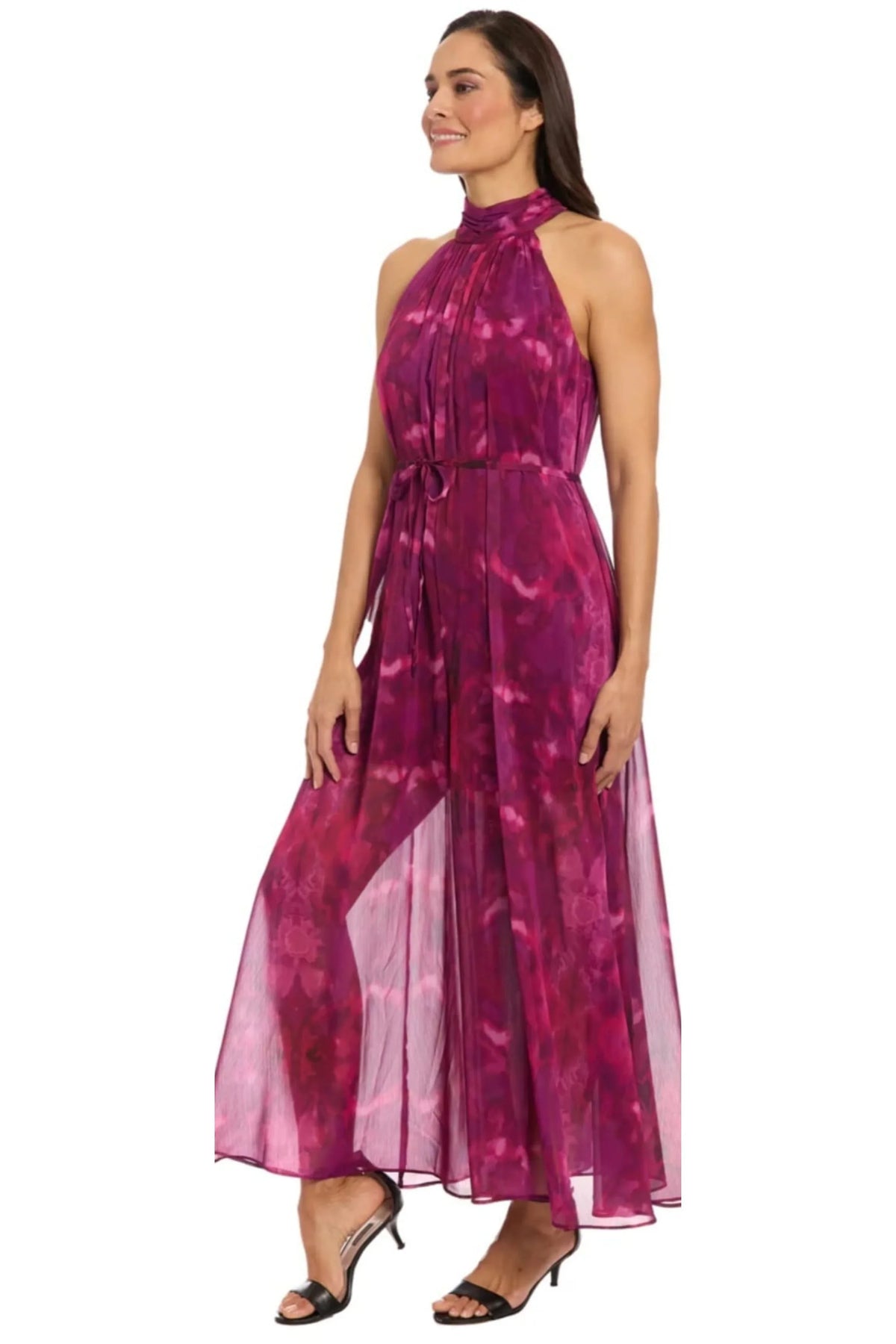 London Times Pink Plum Abstract Floral Chiffon Halter Jumpsuit
