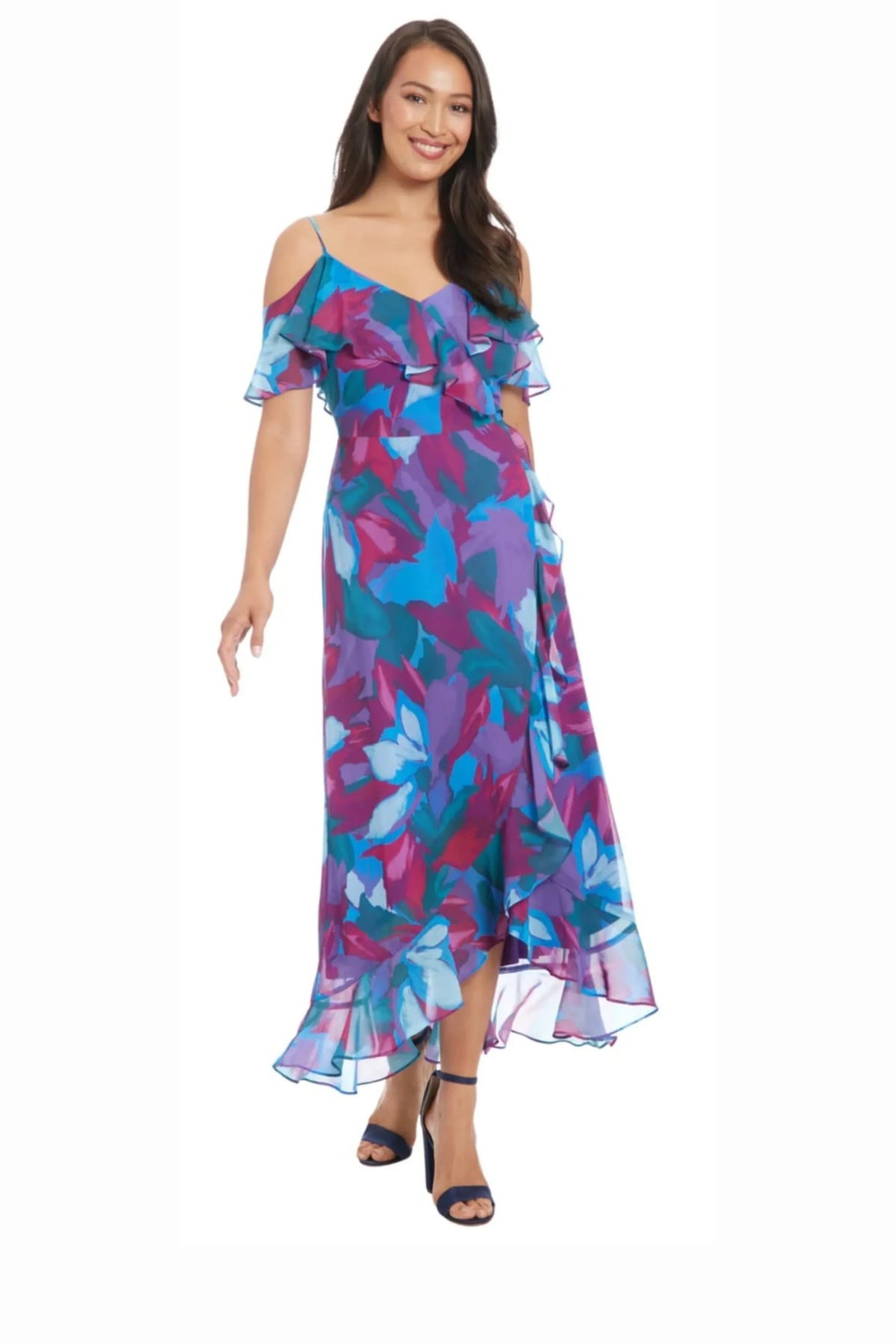 London Times Blue Jade Floral Flutter Sleeve Midi Dress