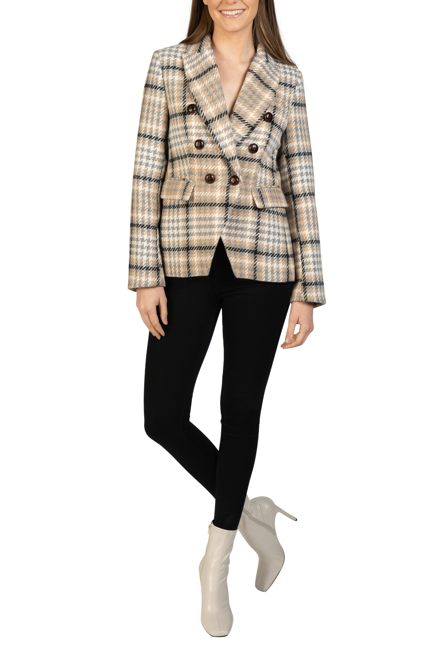 Love Token Double-Breasted Plaid Tweed Blazer