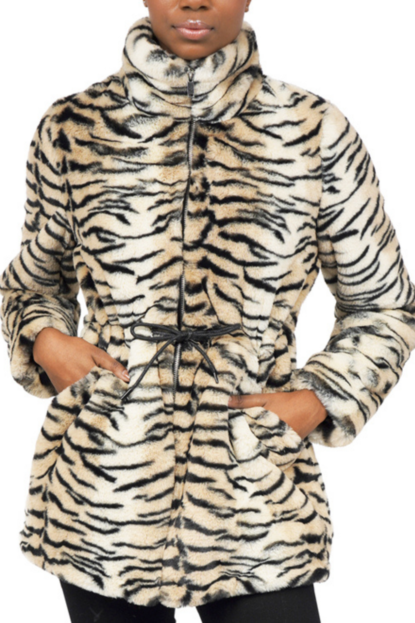 Love Token Tiger Drawstring Waist Faux-Fur Coat