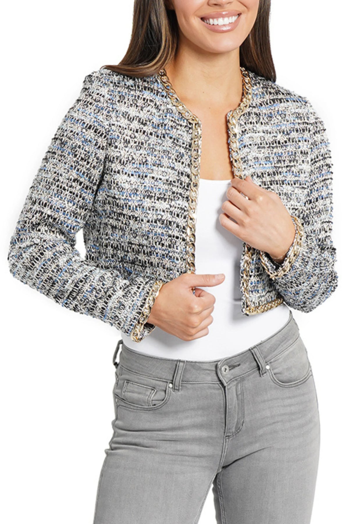 Love Token Link Chain Trim Metallic Cropped Jacket